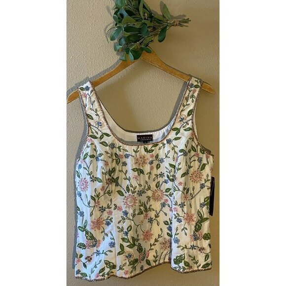 Marina Tops - Marina by Marina Bresler 100% Silk Beaded Blouse Size 10 Floral Ivory Lined NWT